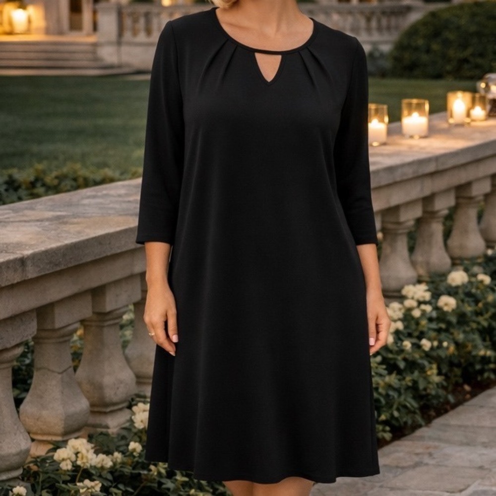New Directions Black Dress Large 3/4 Sleeve Keyhole Neck Stretch Business NWT
